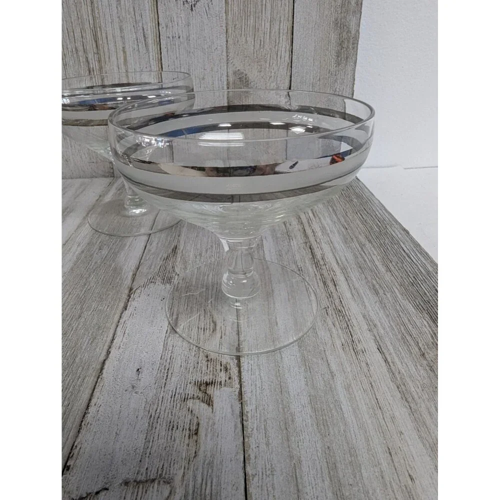 Champagne Glasses 3 3/8" Stemmed Set of 4 Silver Bands - Picture 2 of 6